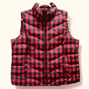 Lands' End Classic Puffer Vest Featuring a Red and Black Buffalo Plaid Pattern
